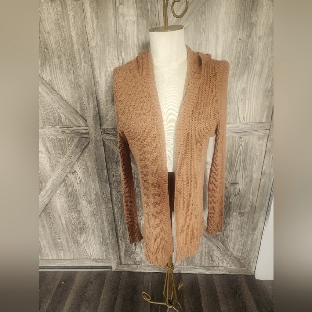 Marled Women's Tan Waffle Knit Hooded Cardigan